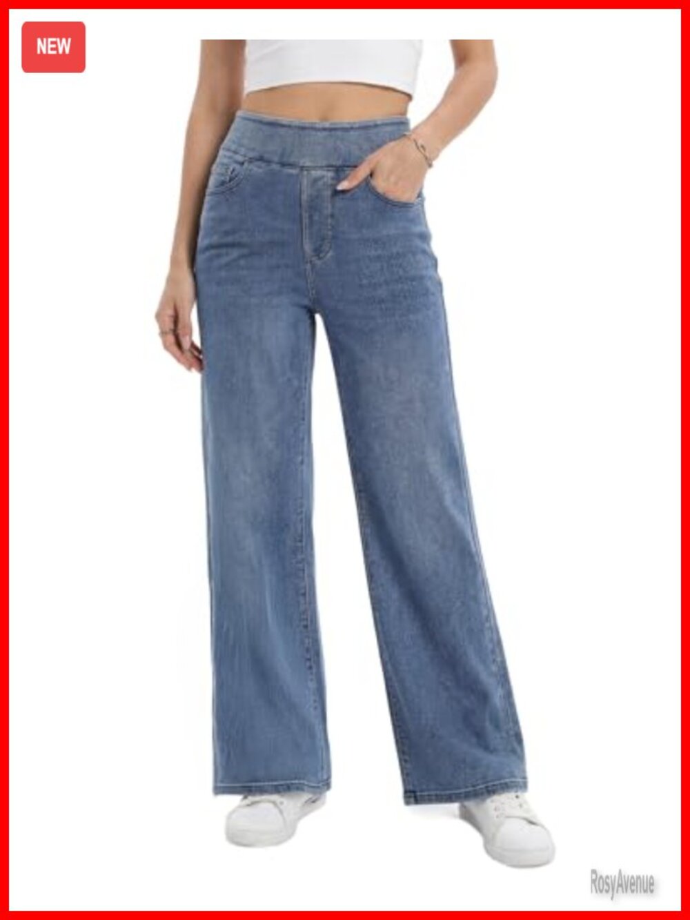 High Rise Wide Leg Pull On Jeans Stretch Denim Tummy Control Pants